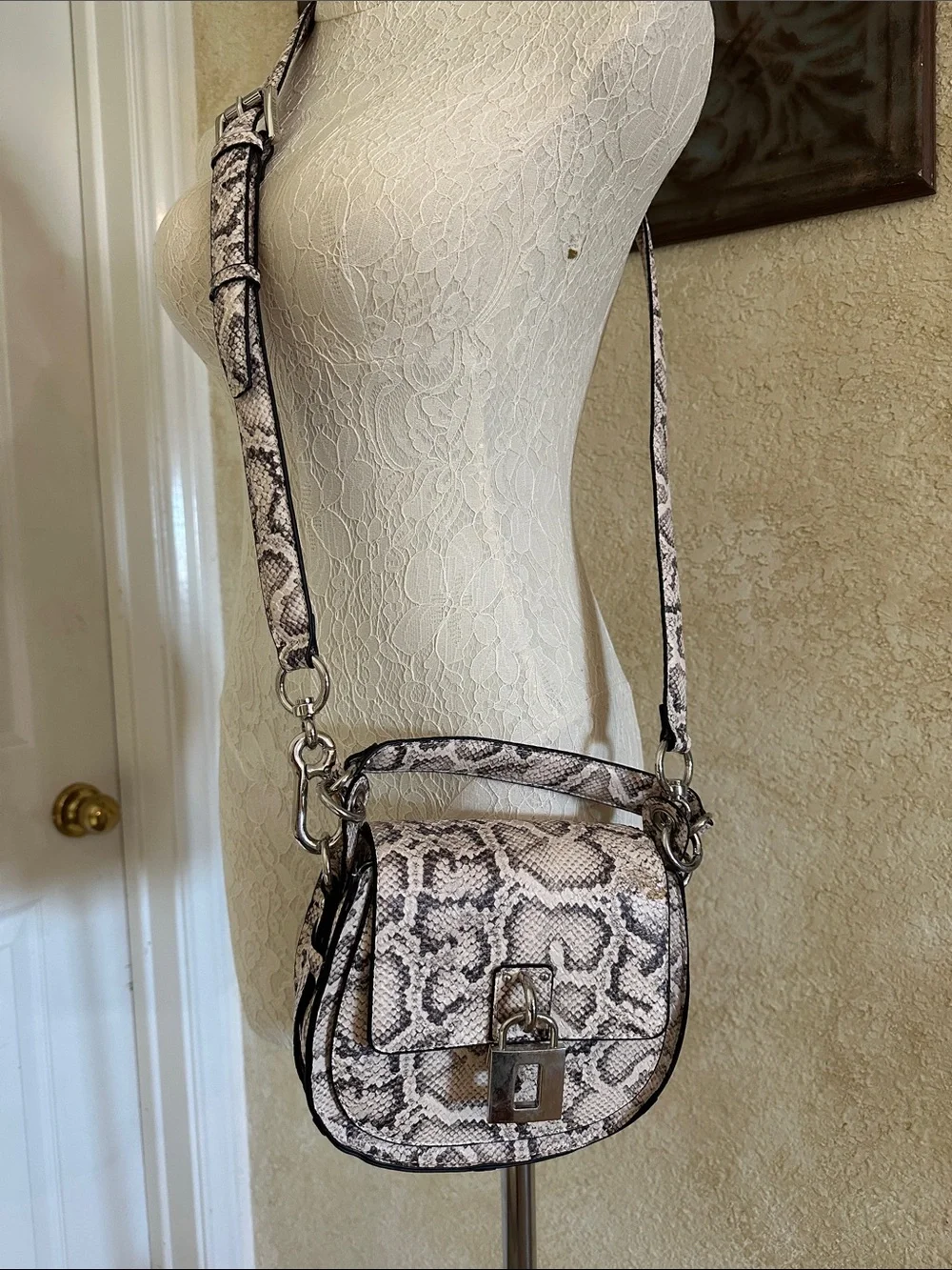 Steve Madden Neutral Snake-Print Crossbody Bag with Silver Hardware